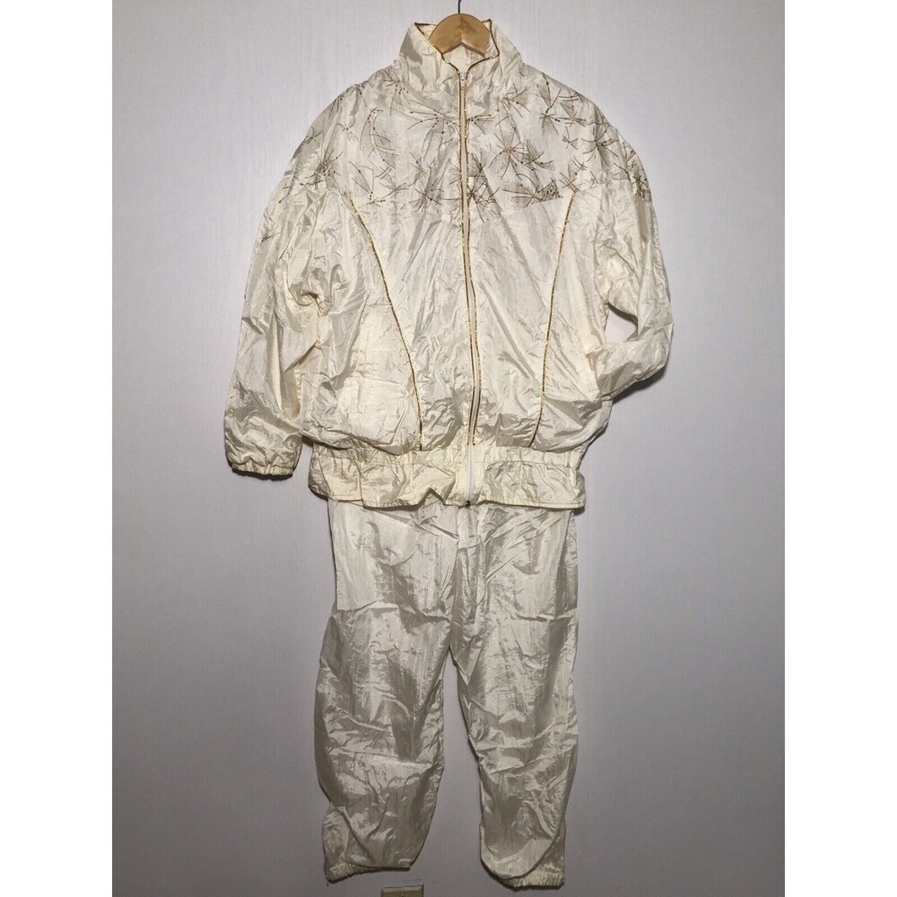 Active Exchange  80s 90s Tracksuit Womens Medium White Gold Pants Jacket Set